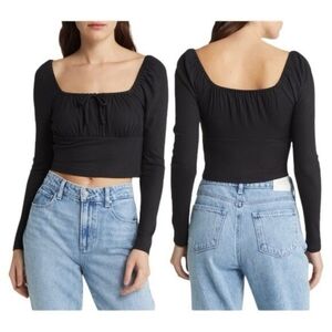 Madewell Cinched Peasant Style Long Sleeve Crop Top - Black - Size M